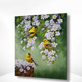 Malen nach Zahlen Gelbe Vögel mit weißen Blumen