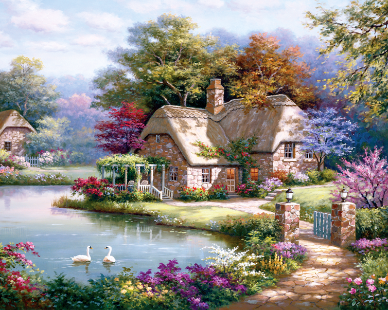 Malen nach Zahlen Haus in Holz mit Schwänen