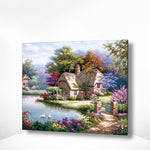 Malen nach Zahlen Haus in Holz mit Schwänen