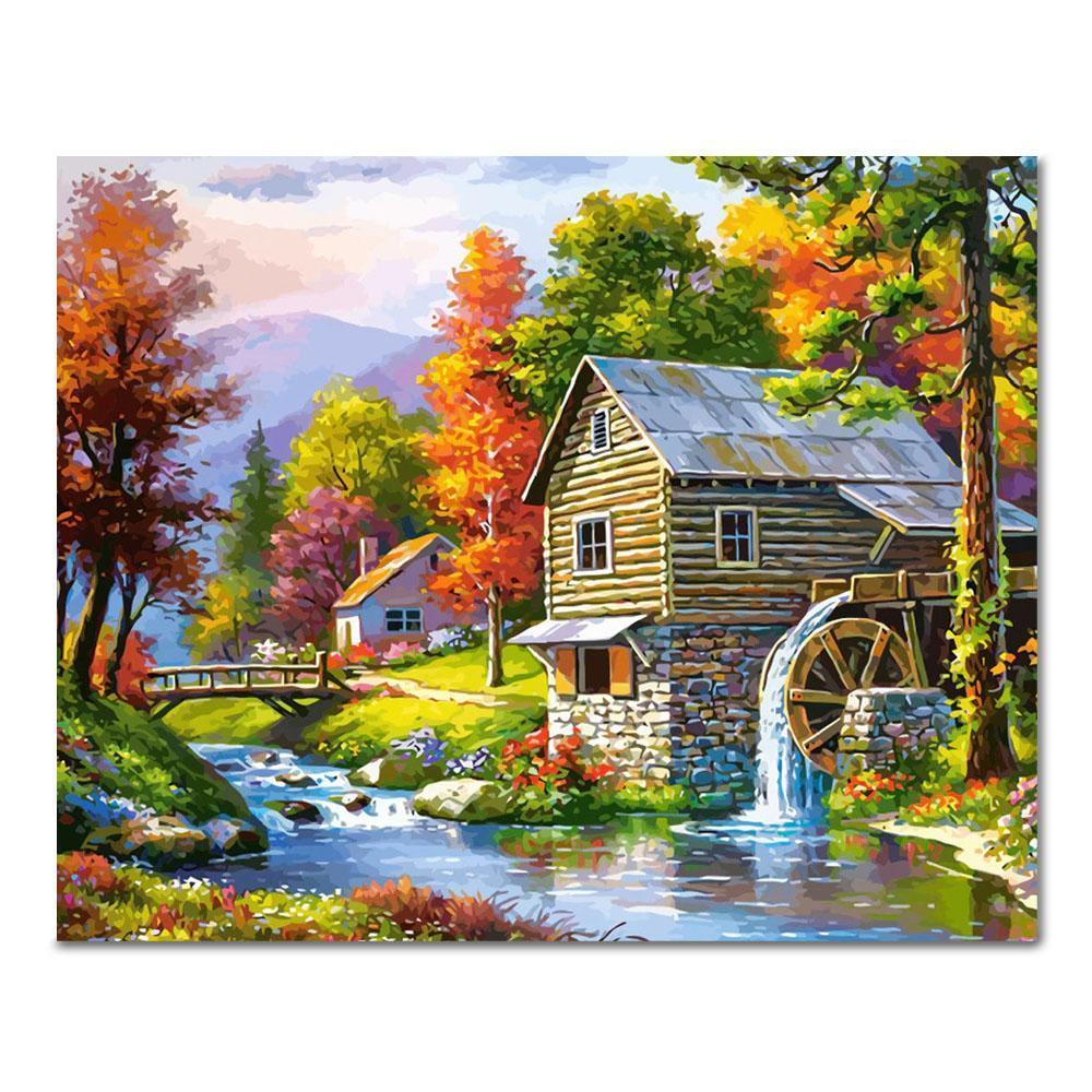 Malen nach Zahlen Haus mit Wassermühle