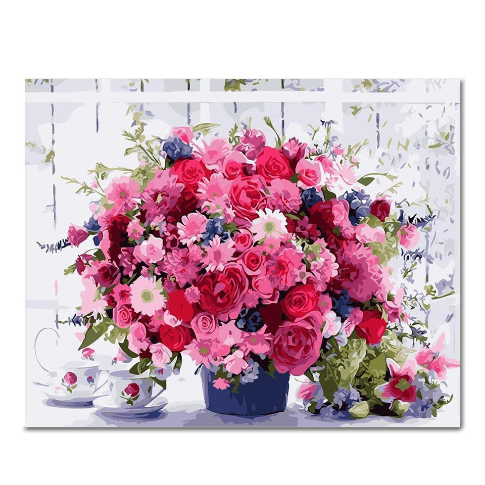 Malen nach Zahlen Rosa Blumen mit Kaffeetassen-Malen Nach Zahlen Experte