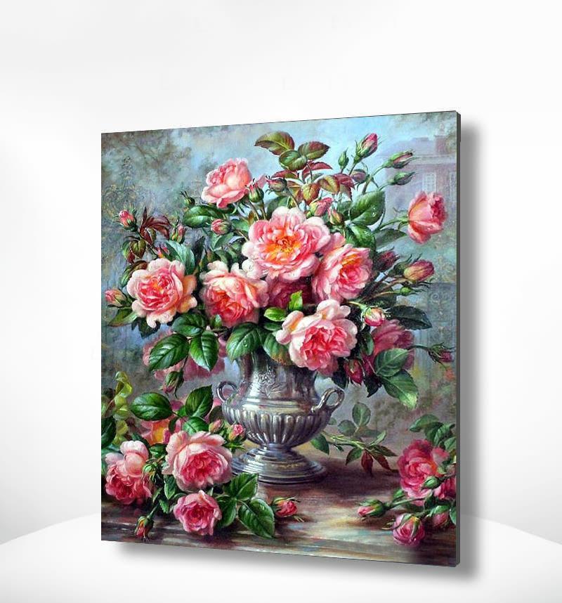 Malen nach Zahlen Rosa Blumen mit Silber Vase