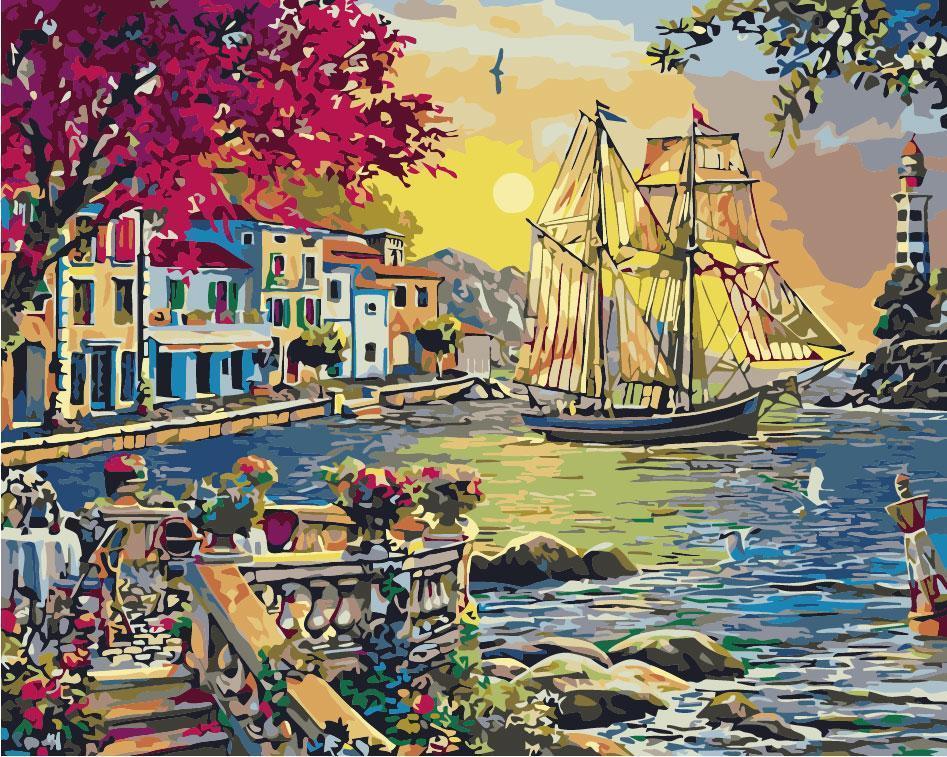 Malen nach Zahlen Schiff bei Stadt im Meer