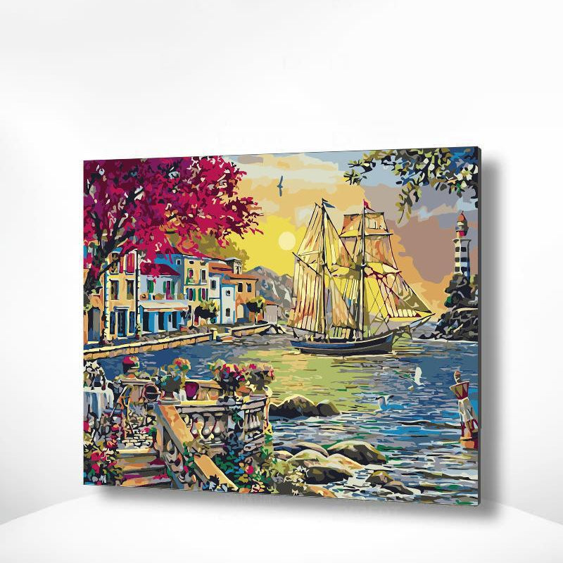 Malen nach Zahlen Schiff bei Stadt im Meer