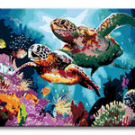 Malen nach Zahlen Schildkröten mit Fischen im Meer