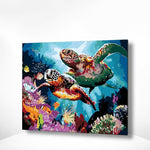 Malen nach Zahlen Schildkröten mit Fischen im Meer