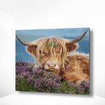 Malen nach Zahlen Schottischer Highlander mit Blumen